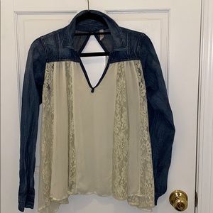 Free People Denim and Lace Blouse.